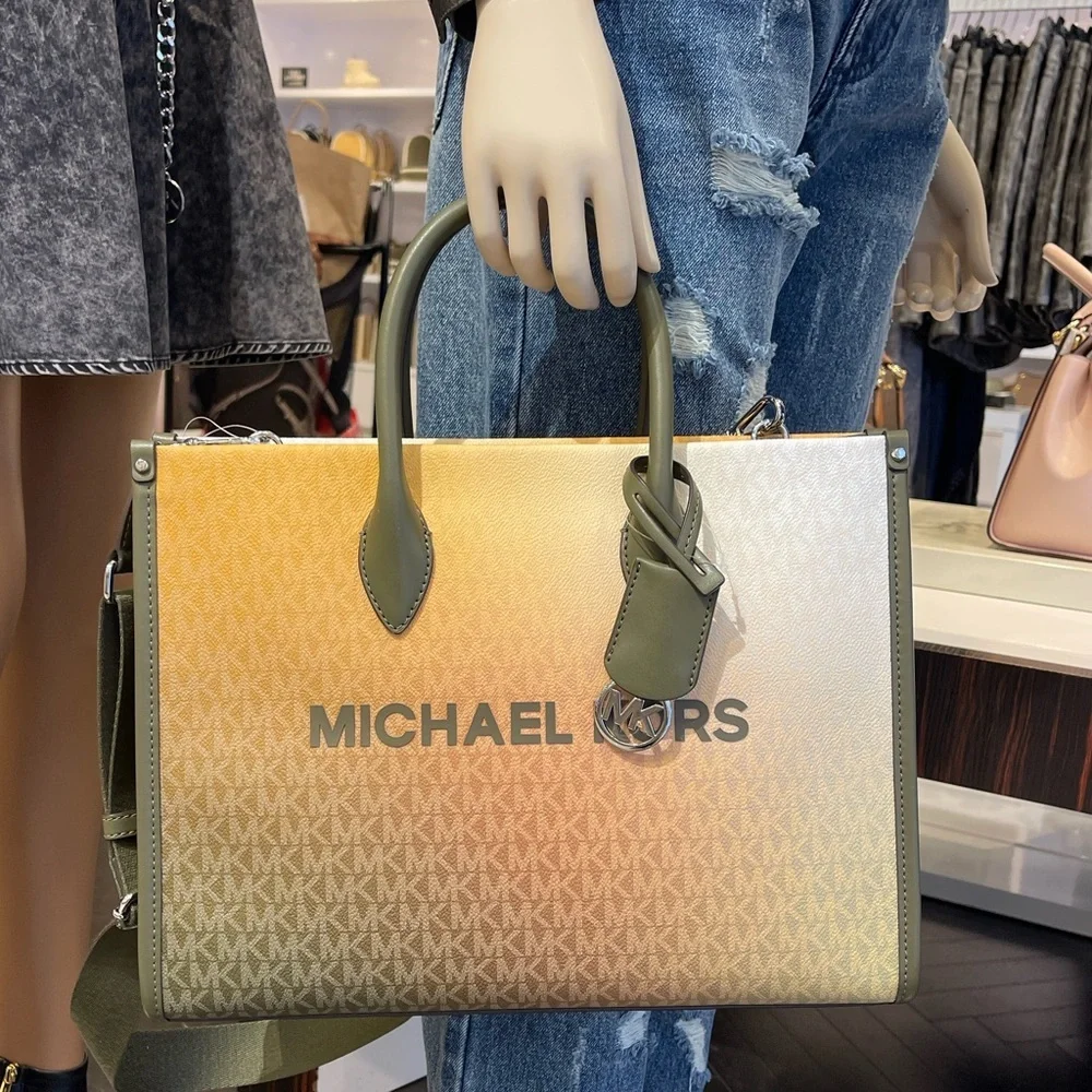 MICHAEL KORS Mirella Medium Ombré Signature Logo Tote Bag Olive Combo  NWT